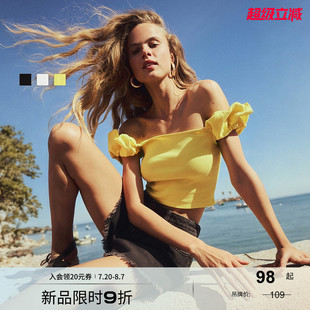 露肩海滩上衣1296397 HM女装 T恤2025夏季 新款 夏日度假舒适泡泡袖