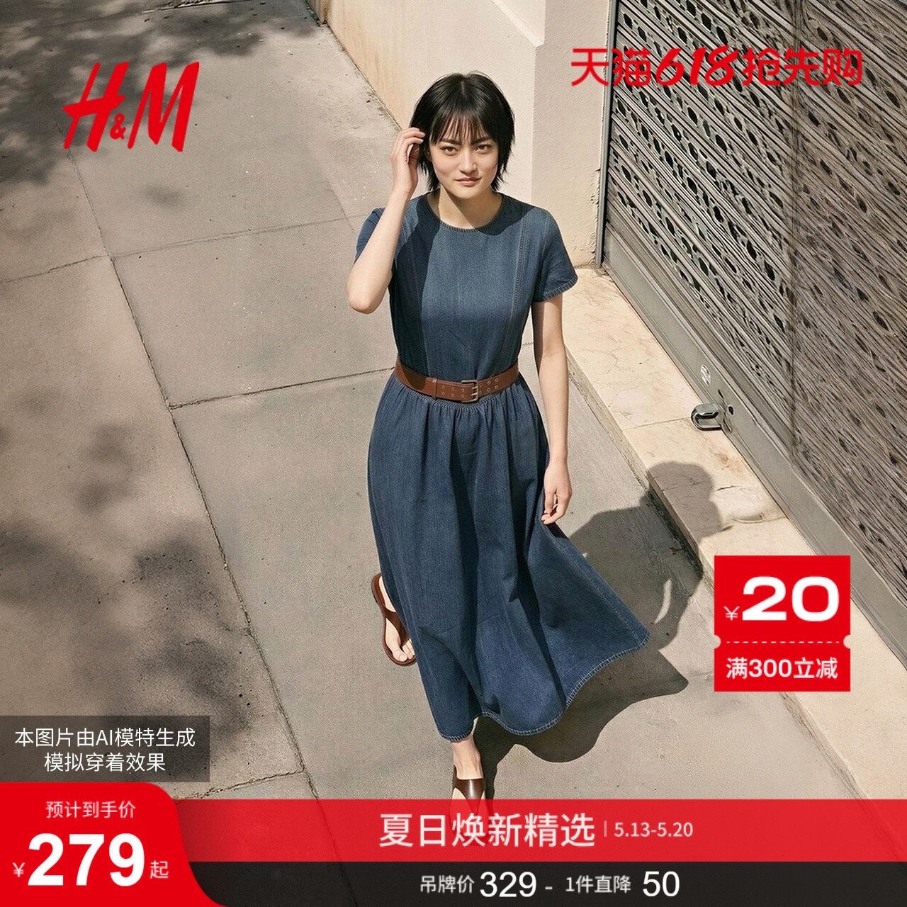 HM女装连衣裙2026夏季新款短袖圆领牛仔丹宁中长连衣裙1000