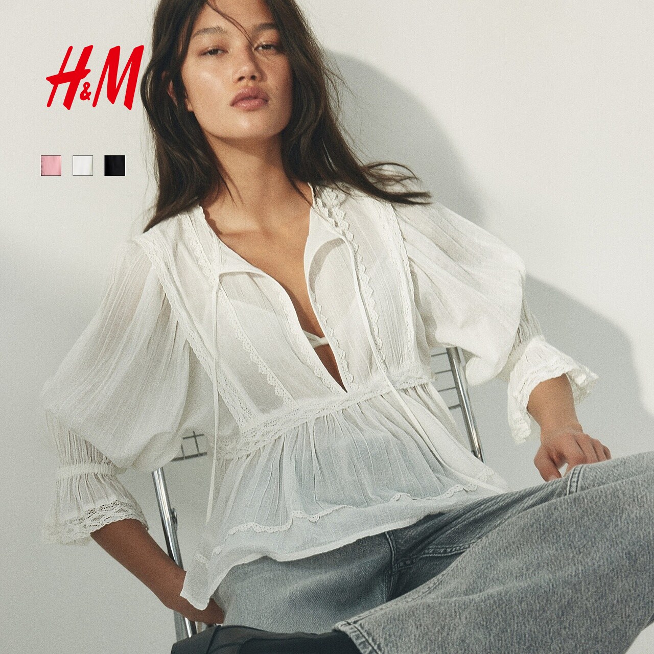 HM女装衬衫2026秋季新款蕾丝边棉质时尚通勤浪漫繁复衬衫1323086图片