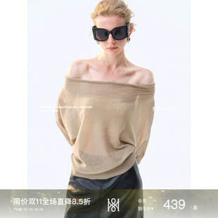 Mogas/2ways棉麻混纺凉爽微透一字斜肩荡领针织衫慵懒感上衣女夏