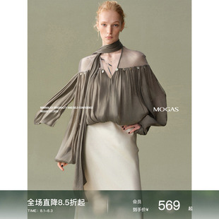 现货Mogas微透星辰 缎面光泽质感灯笼长袖网纱拼接衬衫飘带女上衣