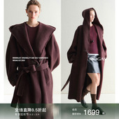 Mogas重磅驼绒羊毛混纺连帽毛边牛角扣双面毛呢大衣外套女秋冬款