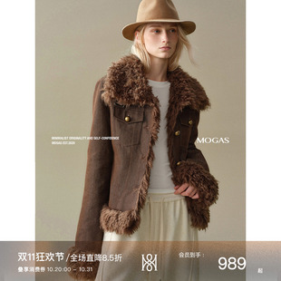 Mogas鎏光丹宁 摩登复古金银葱环葆毛领短款夹棉服牛仔外套女秋冬