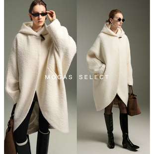 Mogas云朵圈圈纱 篙奢马海羊驼毛ROW风立体连帽茧型毛呢大衣女冬