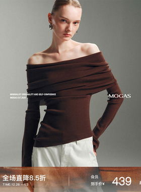 Mogas 2ways18针纯羊毛细坑条肌理一字斜肩荡领针织衫上衣女春秋