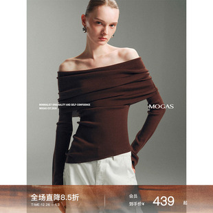 Mogas 上衣女春秋 2ways18针纯羊毛细坑条肌理一字斜肩荡领针织衫