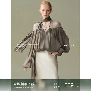 现货Mogas微透星辰 缎面光泽质感灯笼长袖网纱拼接衬衫飘带女上衣