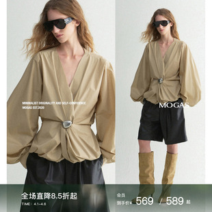Mogas精英QUEEN 棉混纺不规则纽结收腰花苞衬衫 赠胸针 现货