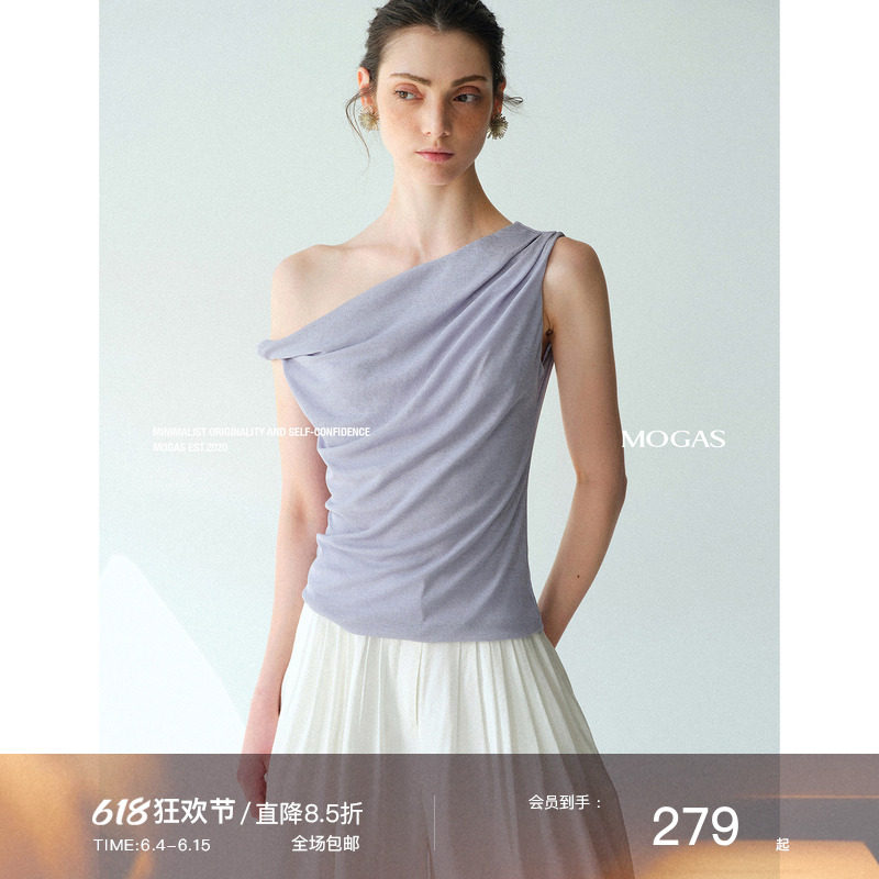 Mogas【明星同款】不对称扭结一字斜肩小衫针织修身无袖T恤女春夏