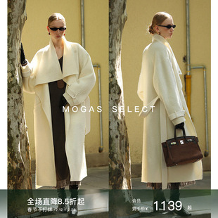 Mogas宝藏大衣 重磅苏力羊驼羊毛立体绒感荡领拼皮双面呢外套女冬