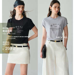 Mogas印花水光T 重磅莱赛尔亚麻棉混纺微透合身圆领字母短袖T恤女
