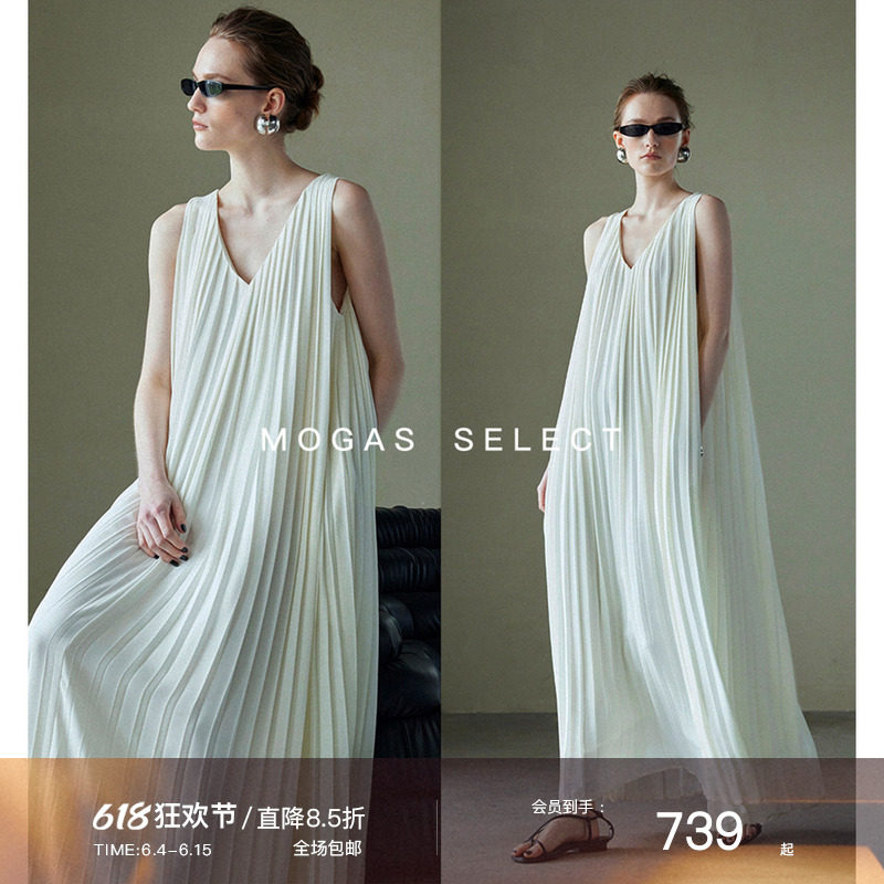 Mogas灵动白月光 重工高定质感立体百褶长裙雪纺v领连衣裙女春夏