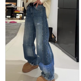 美式 直筒双股位弯刀阔腿牛仔裤 2025春季 高腰大码 新款 2682