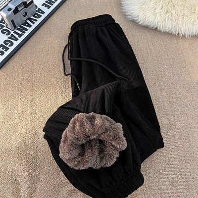 加绒加厚灯芯绒束脚卫裤子男秋冬季保暖羊羔绒休闲裤长裤宽松棉裤