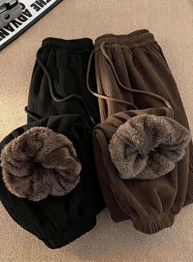 美式加绒加厚羊羔绒休闲裤子秋冬新款卫裤宽松保暖束脚灯芯绒长裤