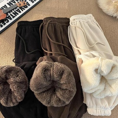 加绒加厚灯芯绒束脚卫裤羊羔绒裤