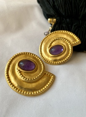 Vintage Leslie Block拜占庭风格厚金紫色琉璃夸张华丽中古大耳夹