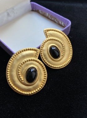 Vintage Leslie Block古董雾金黑色琉璃耳夹高级气场耳环