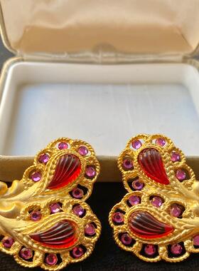 Vintage CRAFT雾面金鎏金质感蕾丝花边红色瓜楞琉璃中古耳夹