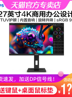 飞利浦27英寸4K显示器iPS绘图设计办公内置音响旋转升降27B1N3800
