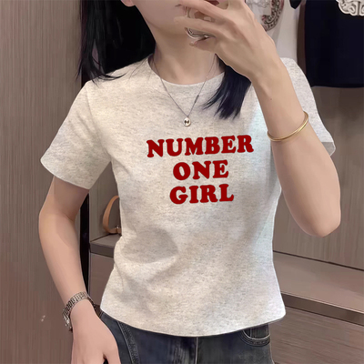 正肩灰色显白纯棉短款修身显瘦洋气上衣短袖t恤女2025夏季新款潮