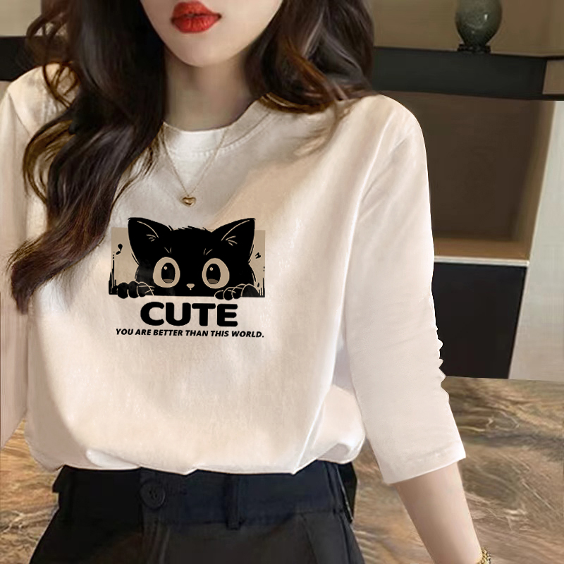 欧货女装早秋新款正肩纯棉中袖上衣女七分袖t恤2025新款宽松小衫