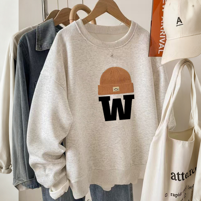 美式复古加绒加厚圆领宽松灰色卫衣女款无帽秋冬正肩长袖上衣女