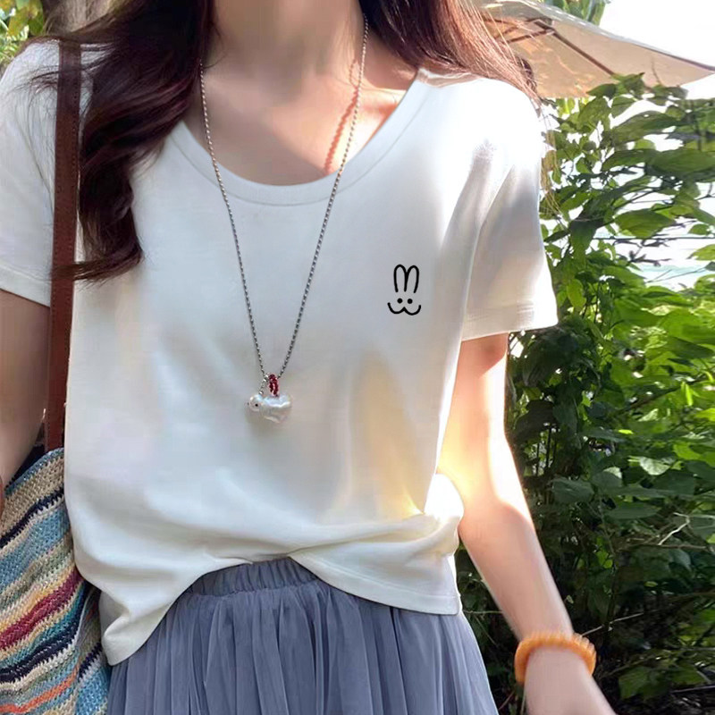正肩U领纯棉短袖t恤女夏2026新款慵懒风低领宽松显瘦休闲百搭上衣