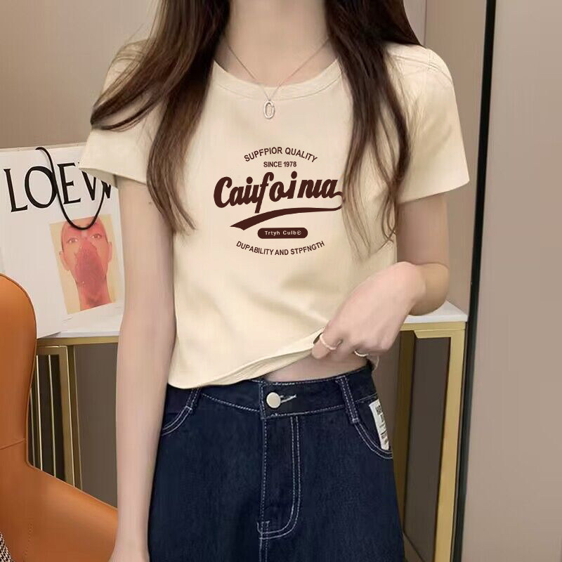 正肩小个子独特别致纯棉短款短袖t恤女洋气卡腰上衣2026夏季新款图片