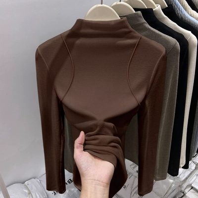 德绒洋气内搭加绒加厚半高领打底衫女修身别致2025秋冬新款可外穿