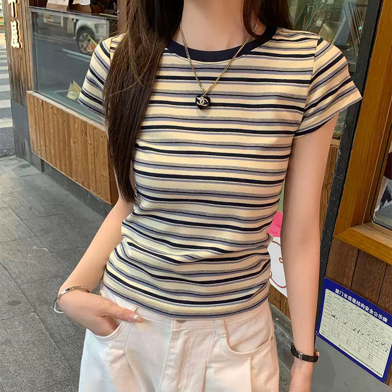 美式复古撞色条纹百搭正肩修身短袖T恤女夏季新款独特漂亮上衣女
