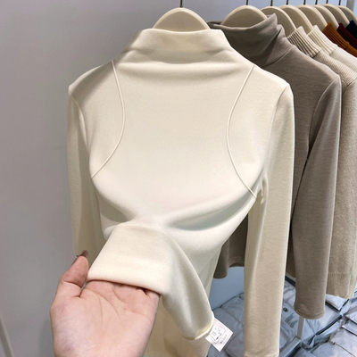德绒加厚加绒杏色半高领打底衫女秋冬内搭新款上衣时尚洋气可外穿
