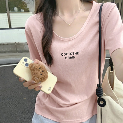 2025新款夏季低领设计纯棉休闲宽松显瘦U型大圆领粉色短袖t恤女潮