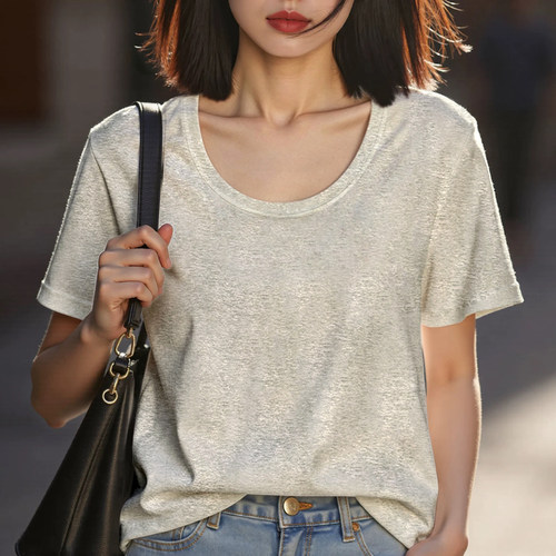 欧货U领正肩灰色显白小衫短款棉短袖t恤女2026夏新款上衣休闲百搭