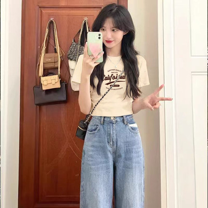 法式小个子杏色短款短袖t恤女洋气卡腰上衣时尚洋气时髦夏季新款