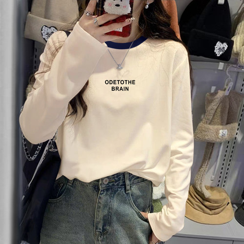 时尚撞色纯棉白色长袖t恤女内搭2026早春新款洋气印花打底衫上衣