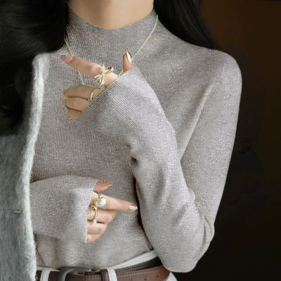 软糯半高领针织打底衫女秋冬灰色洋气内搭新款高级感上衣可外穿