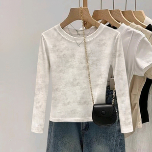 显瘦内搭打底衫 扎染设计感小众新款 T恤女上衣修身 长袖 秋冬短款