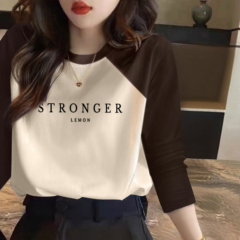 撞色纯棉长袖t恤女2023新款上衣