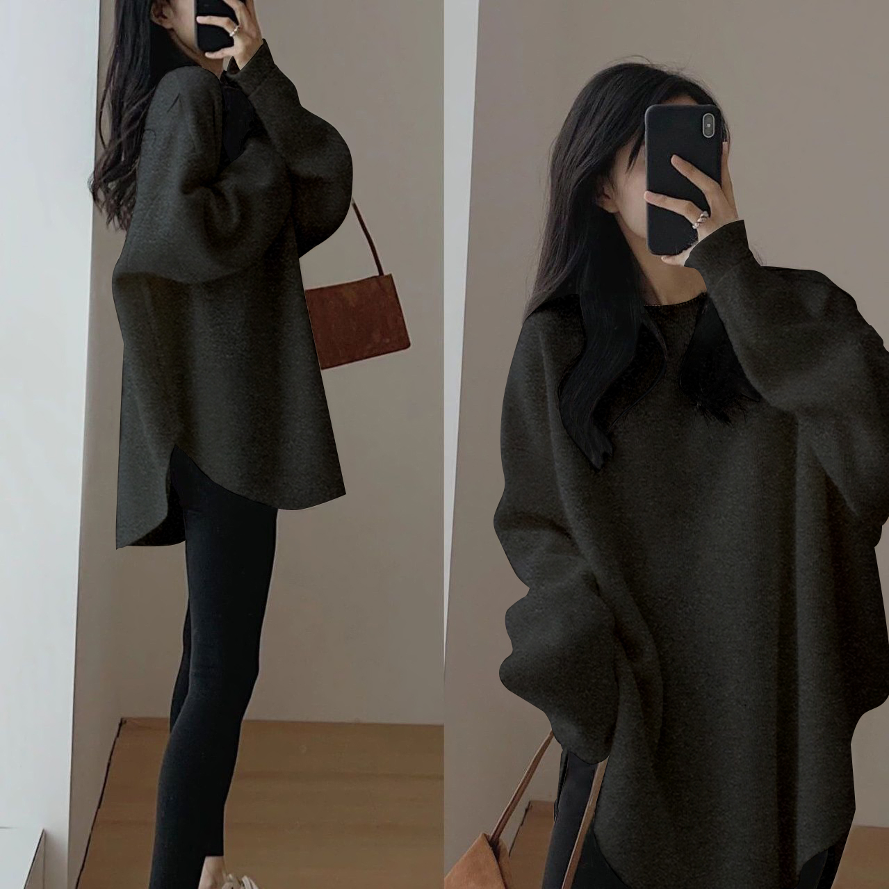 深灰德绒圆领打底衫女秋冬中长款遮屁股长袖t恤搭配鲨鱼裤的上衣