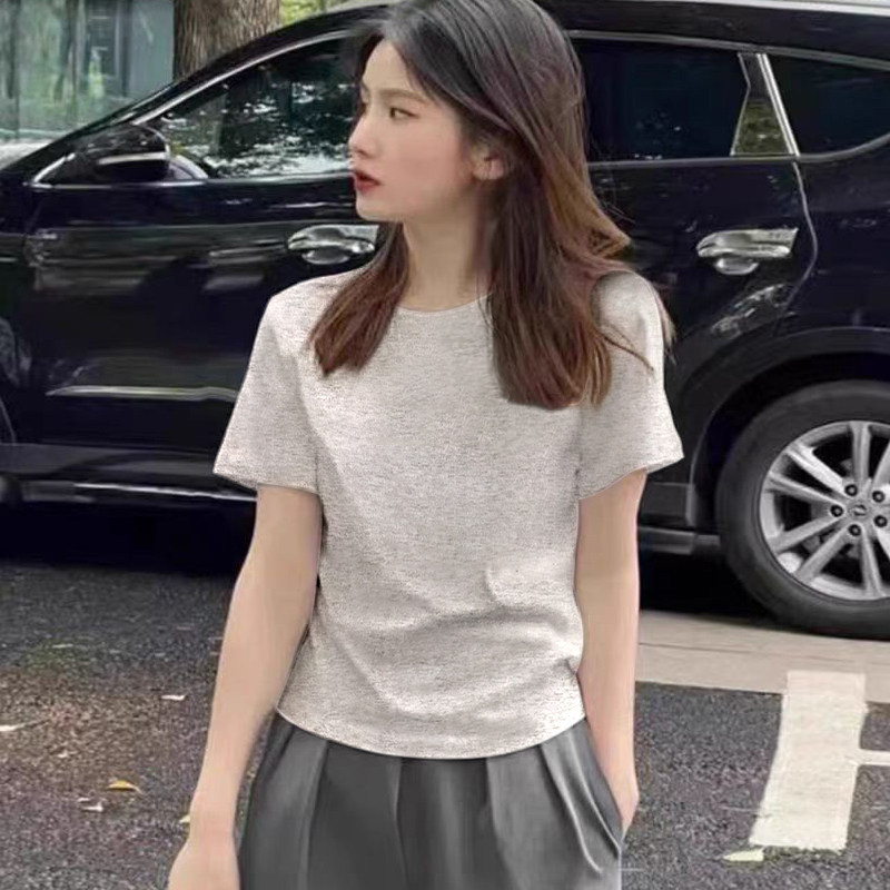 2026夏季新款纯棉灰色正肩小个子短款上衣短袖t恤女洋气卡腰小衫图片