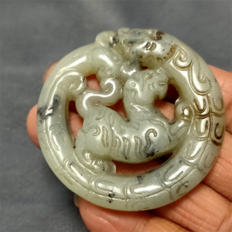 古玩杂项仿古做旧工艺品岫玉雕刻镂空瑞兽龙凤玉佩复古挂件批发