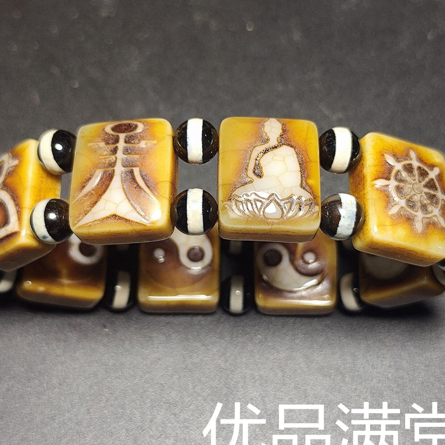 藏式玛瑙天珠手排老玛瑙八吉祥双面工佛牌天珠搭配三眼天珠桶珠手
