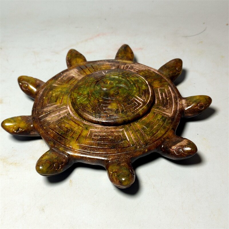 古玩在线仿古做旧工艺品岫玉雕刻八卦九头龟风水摆件文玩砚台