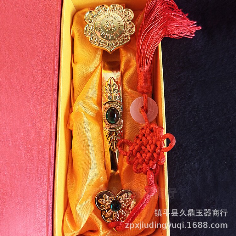 古玩铜器批发 仿古金色如意摆件批发 带盒子如意套装家居办公摆件