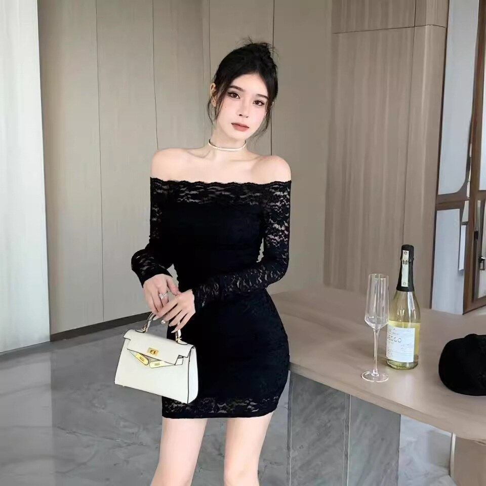 法式一字肩蕾丝连衣裙女春名媛气质显瘦短裙纯欲收腰一步包臀裙子