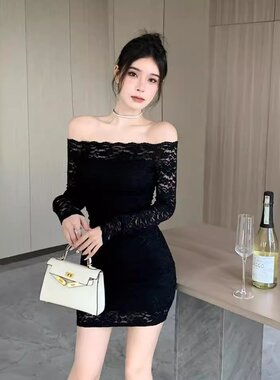法式一字肩蕾丝连衣裙女春名媛气质显瘦短裙纯欲收腰一步包臀裙子