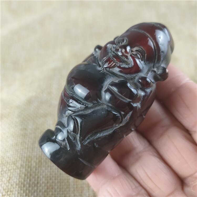 供应古玩杂项耗牛角雕刻双面工财神工艺品手把件文玩牛角挂件批发
