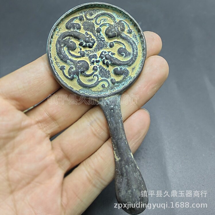 古玩杂项 仿古铜镜批发 带把仿古龙铜镜青铜器古玩收藏工艺品批发