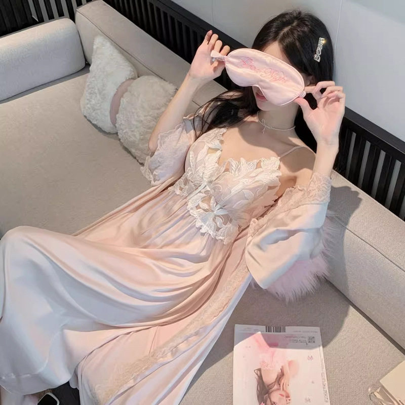 性感睡衣女冰丝带胸垫法式吊带睡裙长款过膝玉兰花纯欲风家居服